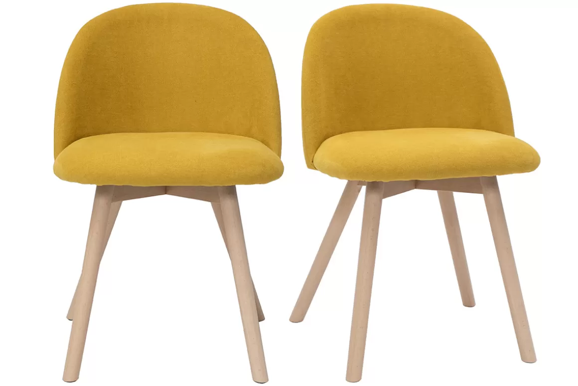 Miliboo Skandinavische Stühle mit senfgelben Stoff mit Samteffekt und massivem Buchenholz (2er-Set) CELESTE