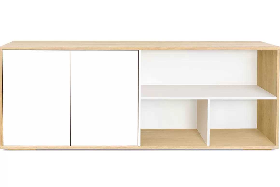 Miliboo Skandinavisches niedriges Sideboard in Weiß und hellem Holz aus massiver Eiche B190 cm EZIA