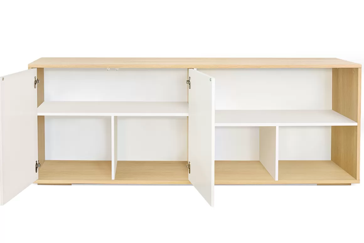 Miliboo Skandinavisches niedriges Sideboard in Weiß und hellem Holz aus massiver Eiche B190 cm EZIA