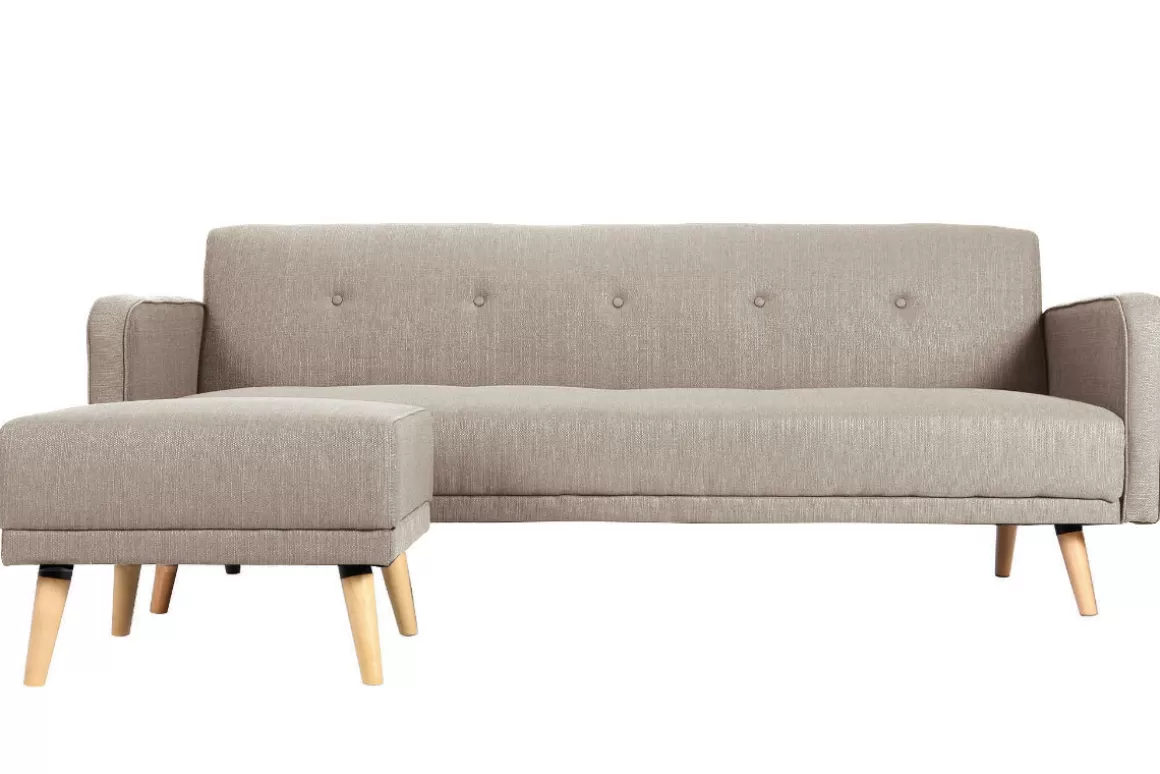 Miliboo Skandinavisches Schlaf-Ecksofa aus beigem Stoff und hellem Holz 4-Sitzer ULLA