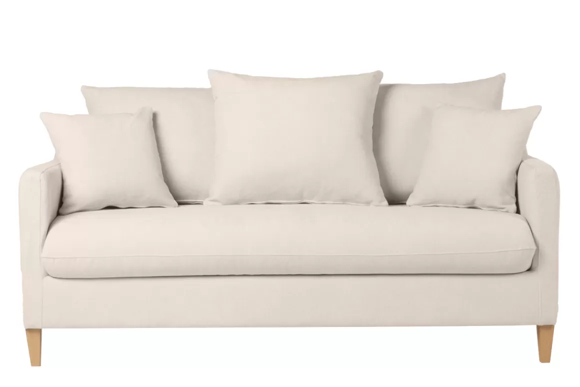 Miliboo Skandinavisches Schlafsofa aus beigem Stoff mit Samteffekt und hellem Holz 3-Sitzer LOUISE