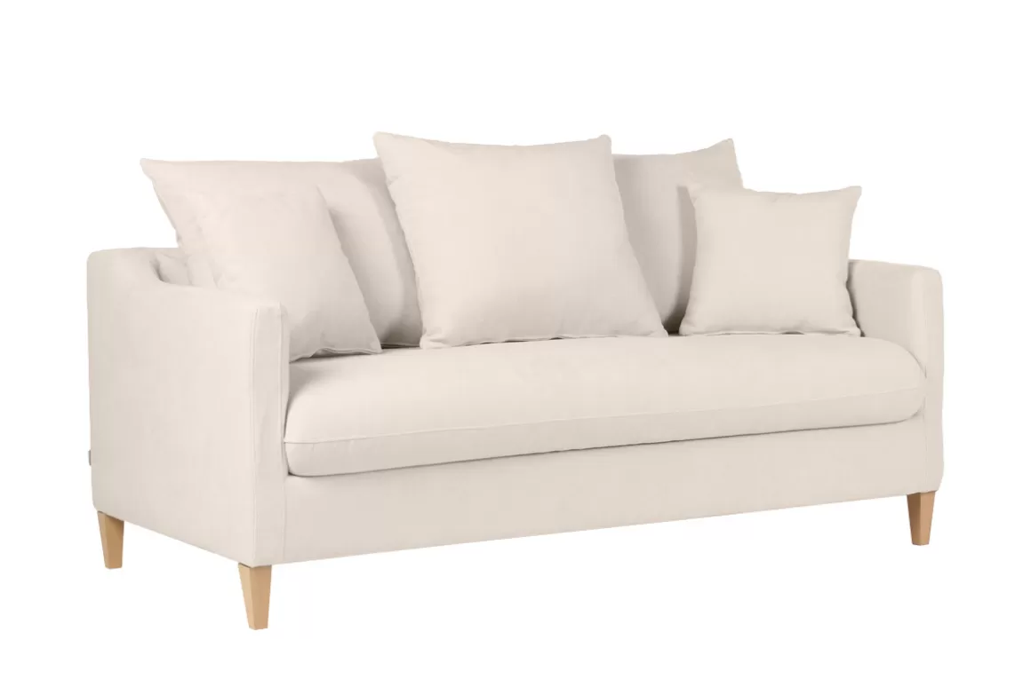 Miliboo Skandinavisches Schlafsofa aus beigem Stoff mit Samteffekt und hellem Holz 3-Sitzer LOUISE