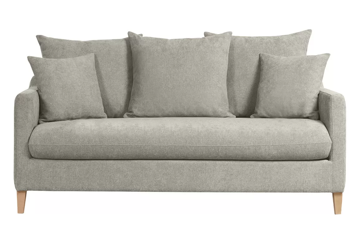 Miliboo Skandinavisches Schlafsofa aus taupefarbenem Stoff mit Samteffekt und hellem Holz 3-Sitzer LOUISE