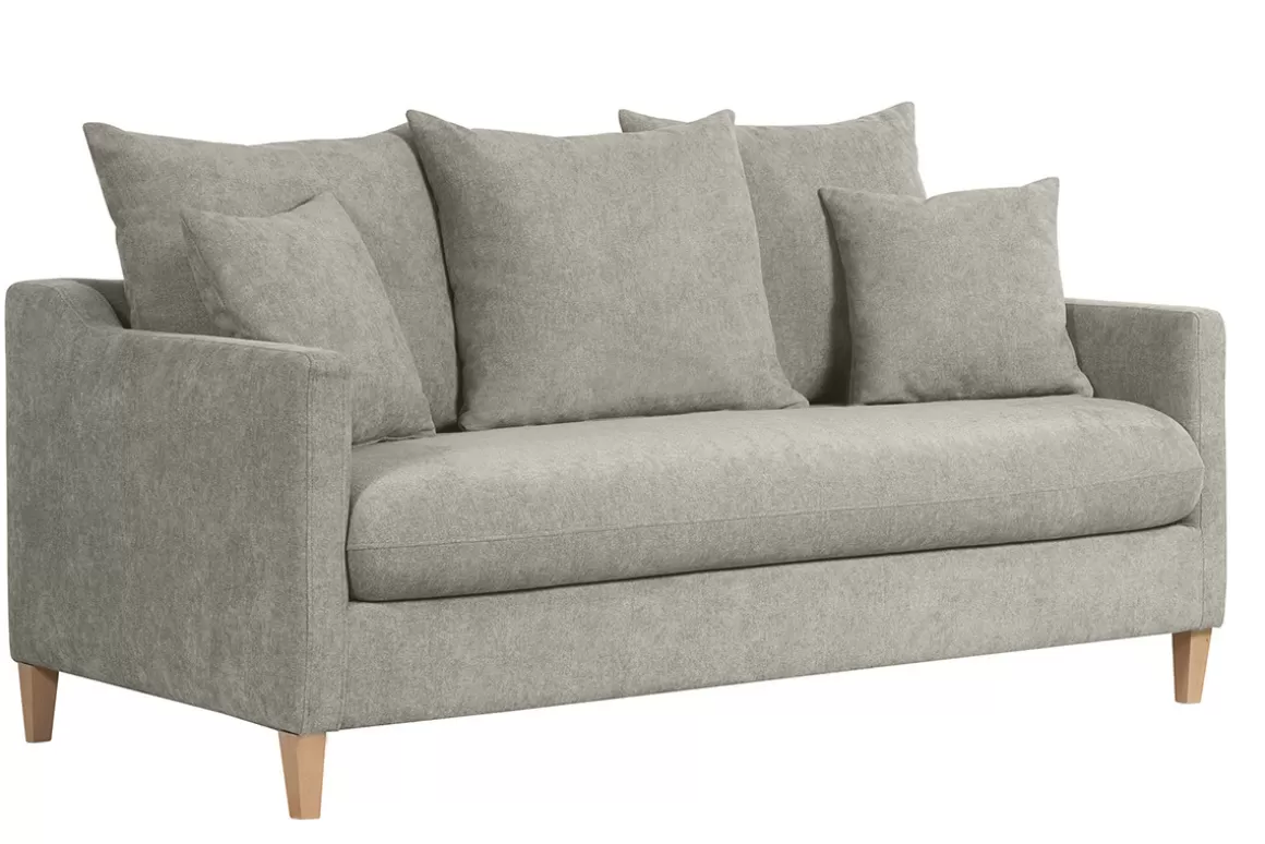 Miliboo Skandinavisches Schlafsofa aus taupefarbenem Stoff mit Samteffekt und hellem Holz 3-Sitzer LOUISE