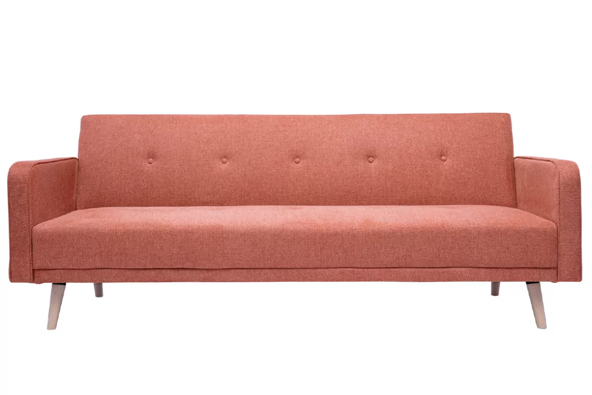 Miliboo Skandinavisches Schlafsofa aus terracottafarbenem Stoff mit Samteffekt und hellem Holz 3-Sitzer ULLA