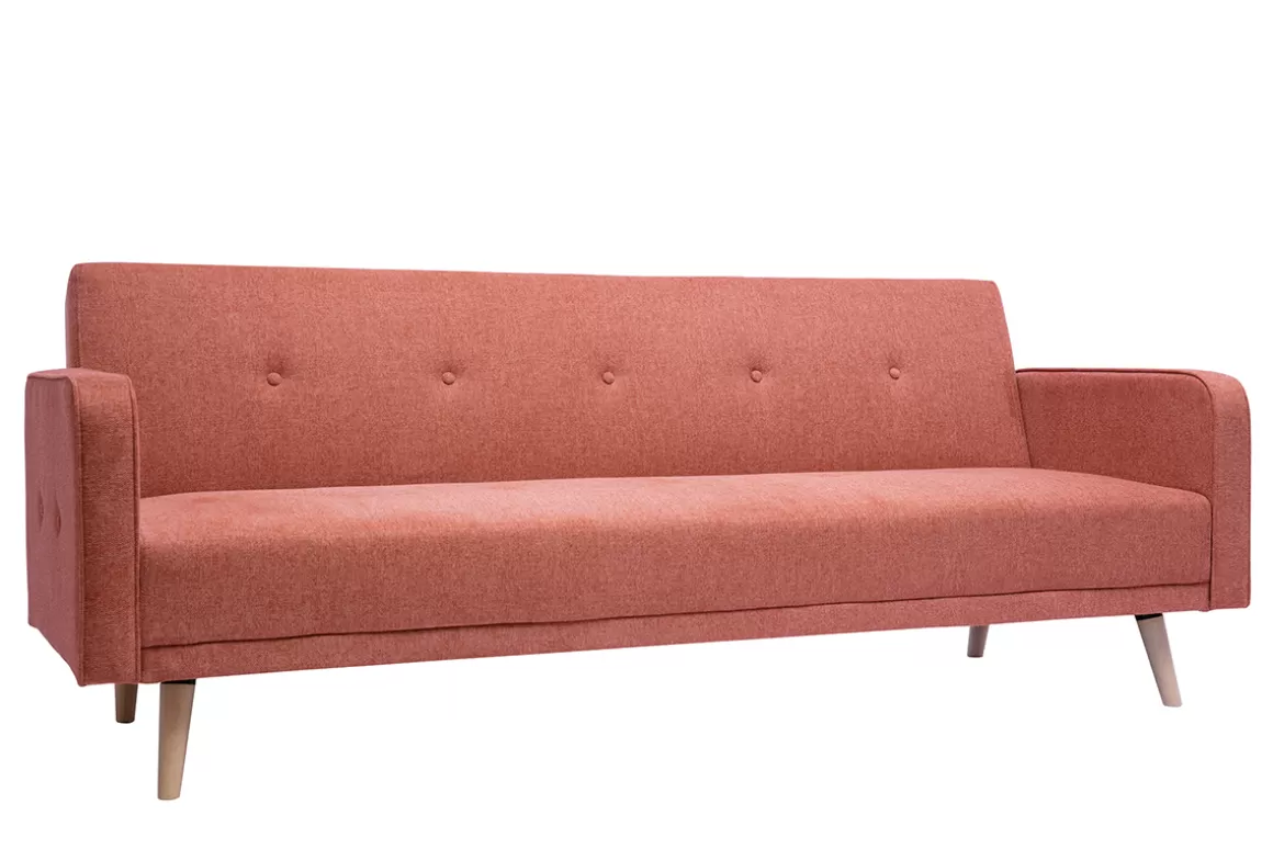 Miliboo Skandinavisches Schlafsofa aus terracottafarbenem Stoff mit Samteffekt und hellem Holz 3-Sitzer ULLA