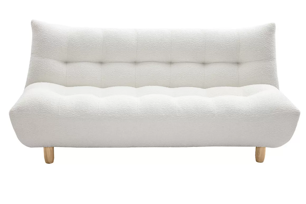 Miliboo Skandinavisches Schlafsofa aus weißem Stoff mit Bouclé-Wolleffekt und hellem Holz 3-Sitzer YUMI