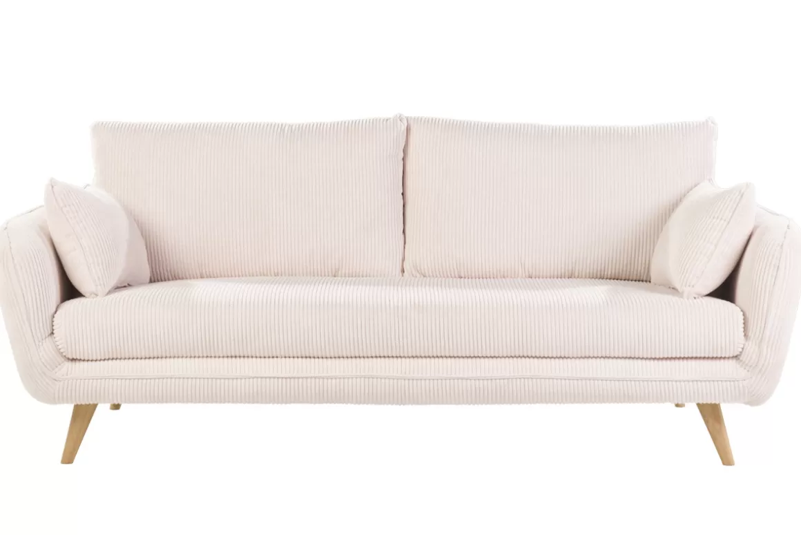 Miliboo Skandinavisches 3-Sitzer-Sofa aus cremefarbenem Ripsstoff und hellem Holz CREEP