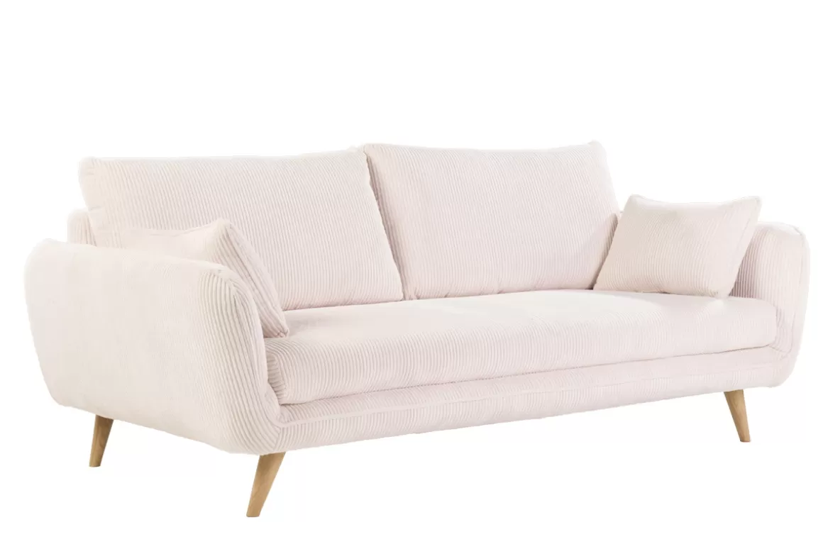 Miliboo Skandinavisches 3-Sitzer-Sofa aus cremefarbenem Ripsstoff und hellem Holz CREEP