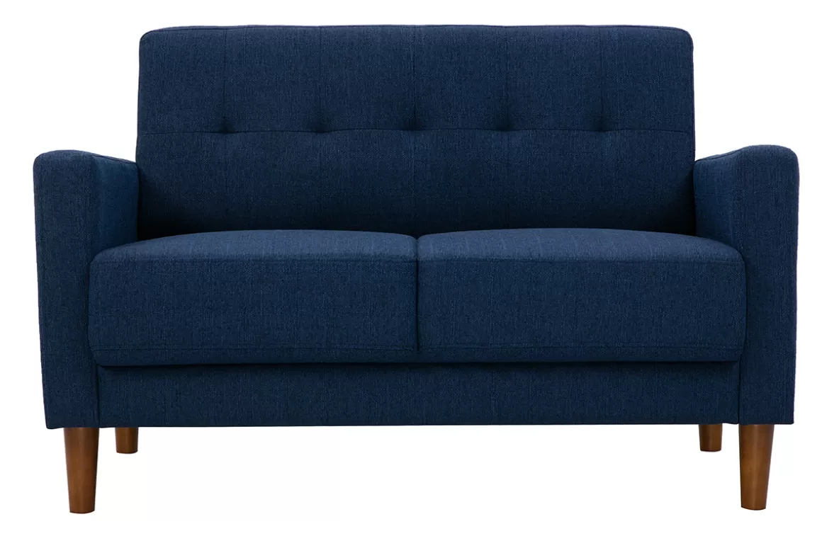 Miliboo Skandinavisches 2-Sitzer-Sofa aus dunkelblauem Stoff und dunklem Holz MOON