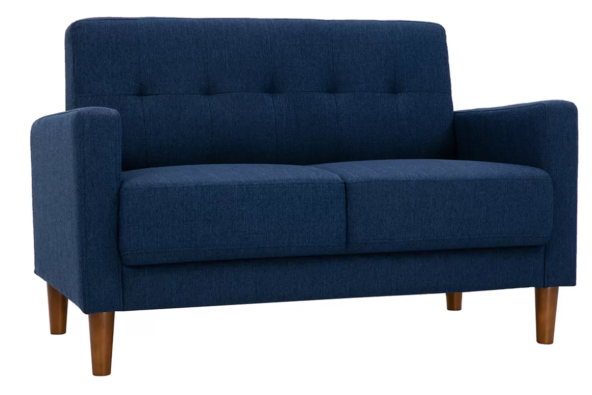 Miliboo Skandinavisches 2-Sitzer-Sofa aus dunkelblauem Stoff und dunklem Holz MOON