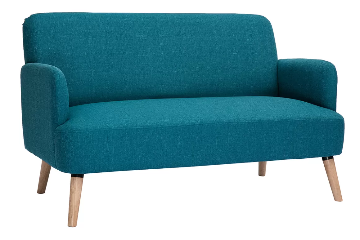 Miliboo Skandinavisches 2-Sitzer-Sofa aus entenblauem Stoff und hellem Holz ISKO