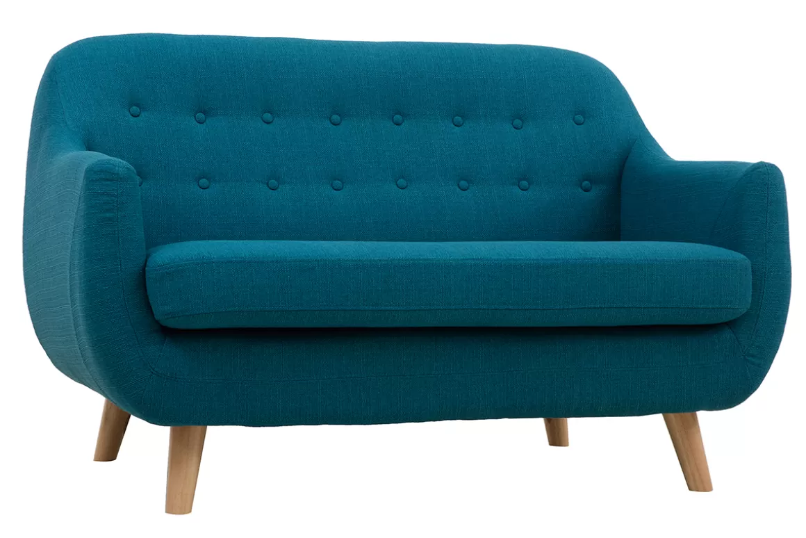 Miliboo Skandinavisches 2-Sitzer-Sofa mit abnehmbarem Bezug in entenblau und Holz YNOK