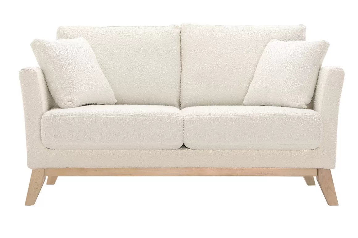 Miliboo Skandinavisches 2-Sitzer-Sofa mit abnehmbarem Bezug in Weiß mit Bouclé-Wolleffekt und Holzfüßen OSLO