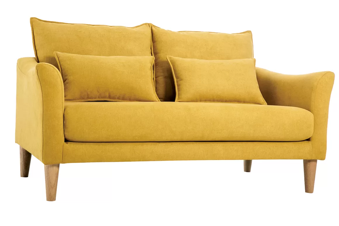 Miliboo Skandinavisches Sofa senfgelber Stoff mit Samteffekt 2-Sitzer KATE