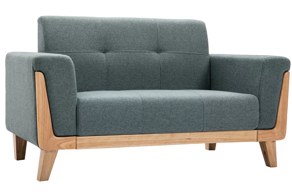 Miliboo Skandinavisches Sofa 2-Sitzer aus graugrünem Stoff und hellem Holz FJORD