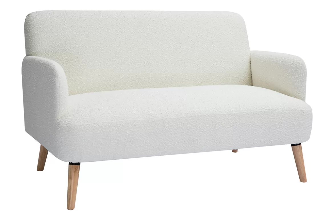 Miliboo Skandinavisches Sofa 2-Sitzer aus weißem Stoff mit Bouclé-Wolleffekt und hellem Holz ISKO
