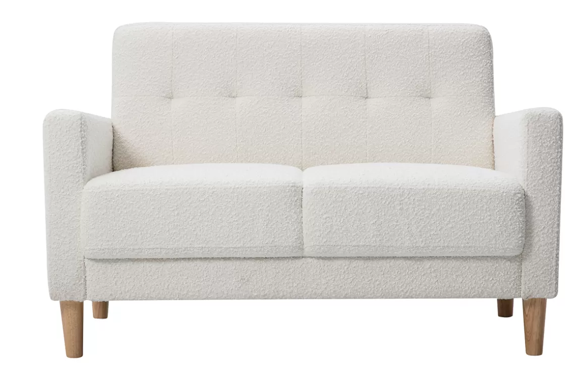 Miliboo Skandinavisches Sofa 2-Sitzer aus weißem Stoff mit Woll-Effekt und hellem Holz MOON