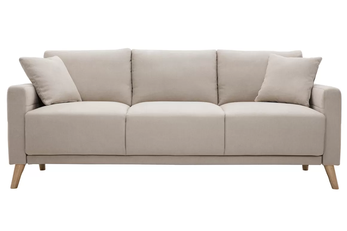Miliboo Sofa aus beigem Stoff und hellem Holz 3-Sitzer MUNIK