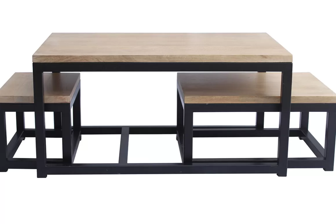 Miliboo Tiefer Beistelltisch Mangobaum und Schwarzmetall (3er Set) FACTORY
