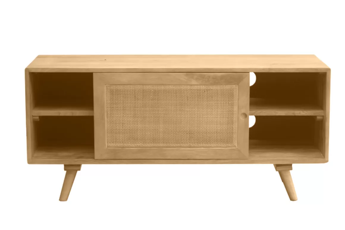 Miliboo TV-Möbel aus massivem Mangoholz und Rattan-Rohrgeflecht B110 cm ACANGE