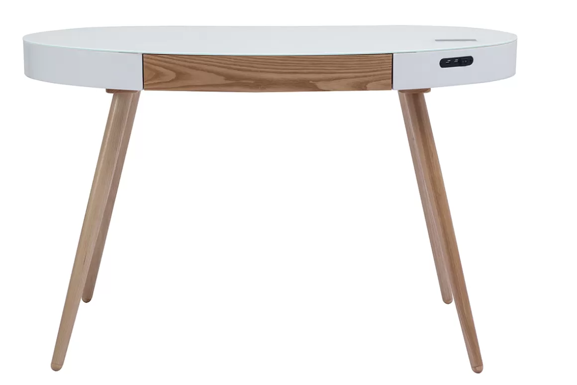 Miliboo Vernetzter Multimedia-Schreibtisch - Glas Weiß und helles Holz HANDY