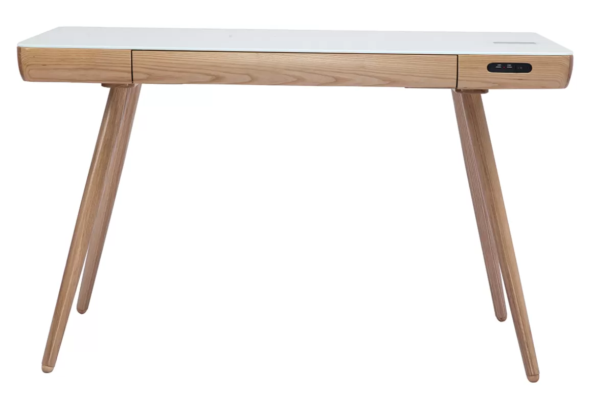 Miliboo Vernetzter Multimedia-Schreibtisch - weißes Glas und helles Holz CLEVER