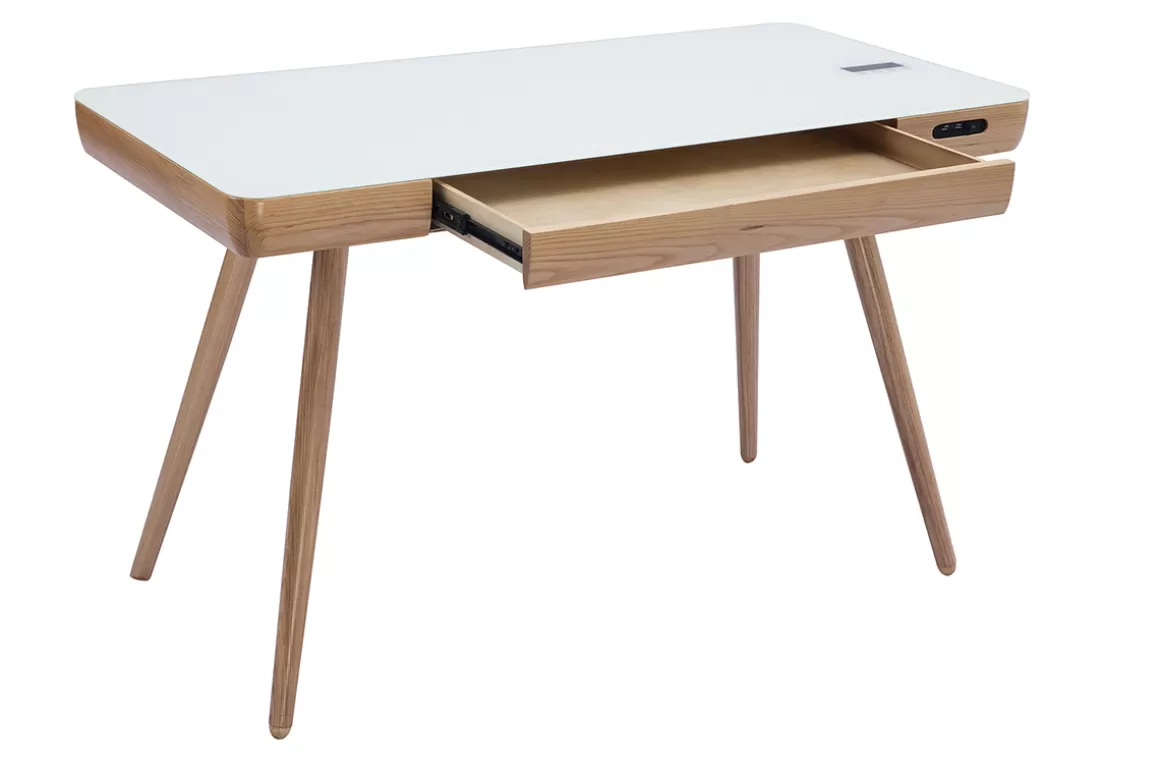 Miliboo Vernetzter Multimedia-Schreibtisch - weißes Glas und helles Holz CLEVER