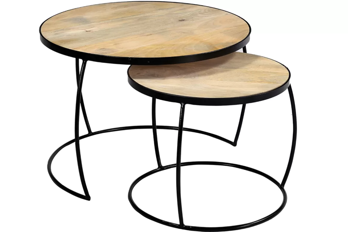 Miliboo Verschachtelungs-Couchtische aus massivem Mangoholz und Metall BARREL